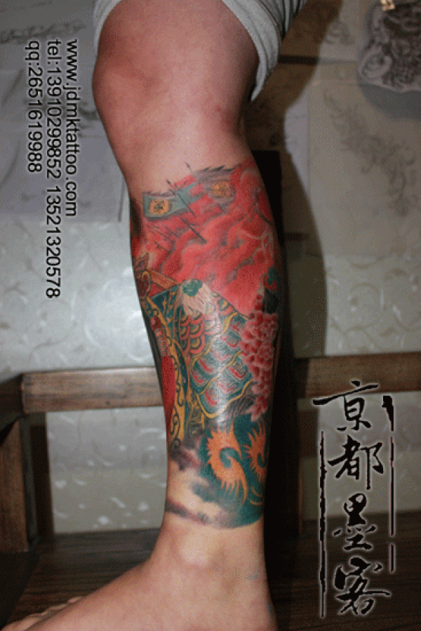京都墨客纹身作品 霸王别姬彩色包小腿纹身