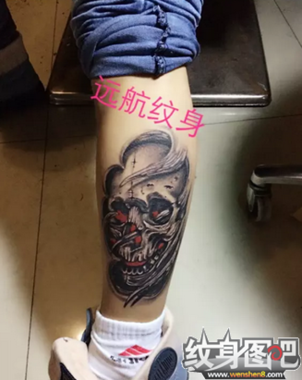 华漕纹身店，小腿般若纹身，小腿骷髅纹身，远航纹身