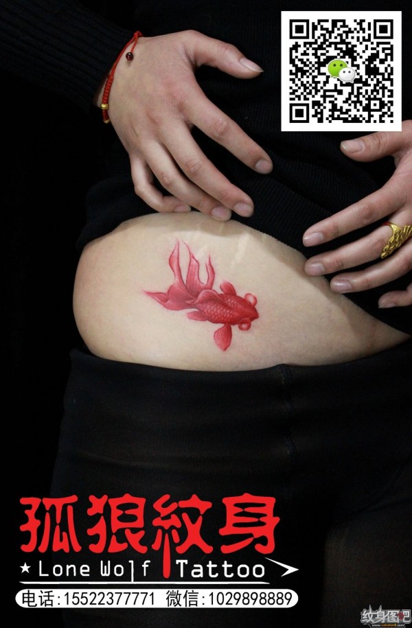 宝坻纹身 美女腹部金鱼纹身 孤狼纹身工作室作品 天津