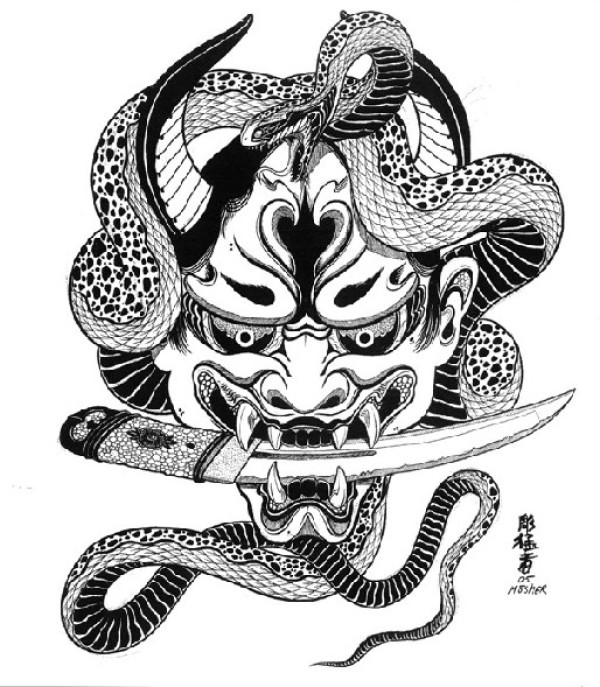 般若,匕首<与蛇的结合纹身手稿
