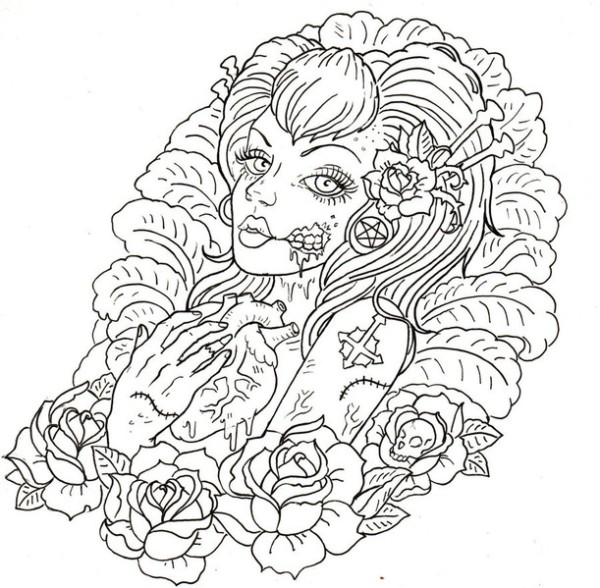 忧郁素描美女纹身手稿