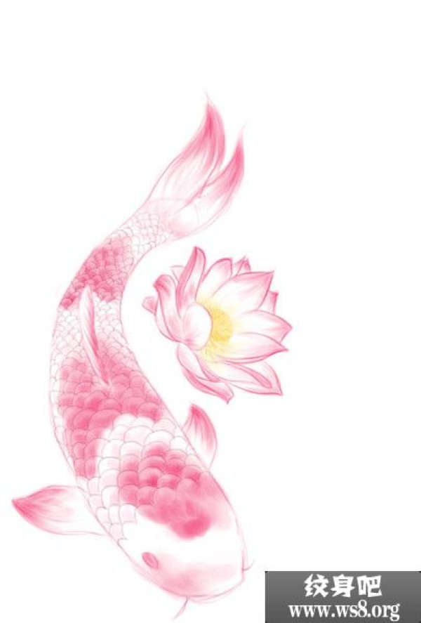粉色系莲花绕鲤鱼纹身手稿