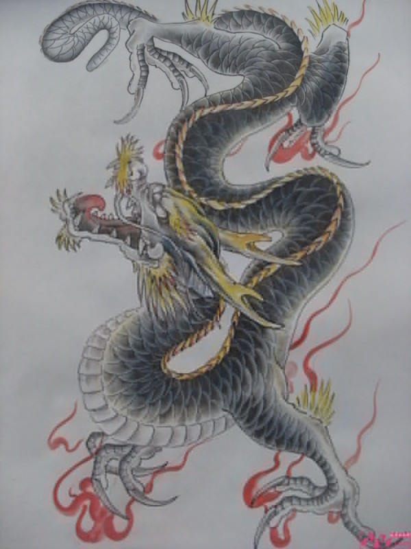 彩色的龙纹身手稿