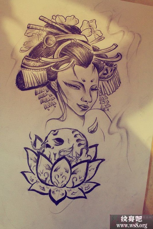 艺妓美女莲花骷髅刺青手稿图案