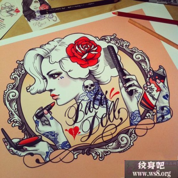 红唇个性美女刺青设计手稿图案