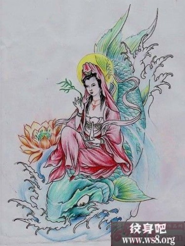 鲤鱼观音刺青图案手稿图案
