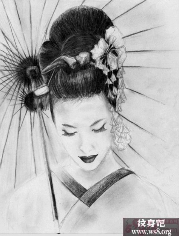 美女艺妓头像刺青手稿图案