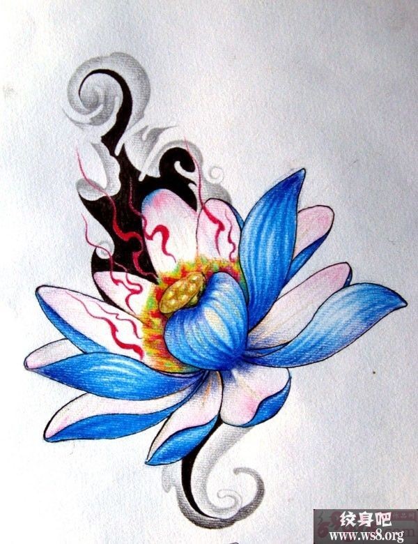 莲花彩色刺青手稿图案