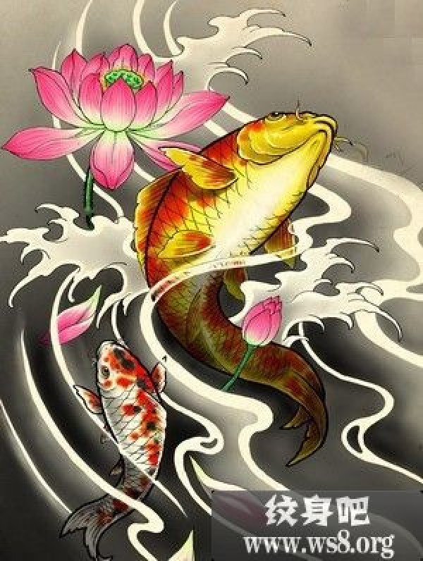 荷花鲤鱼彩色刺青手稿图案