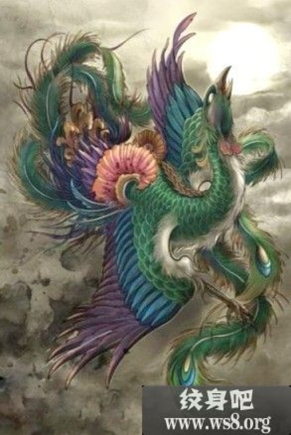 彩色凤凰刺青手稿图案