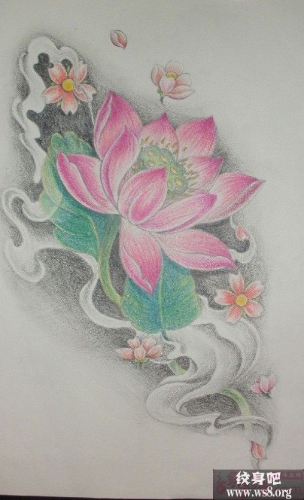 美丽荷花纹身手稿