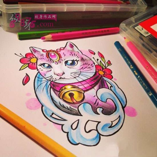 彩色招桃花猫咪纹身手稿