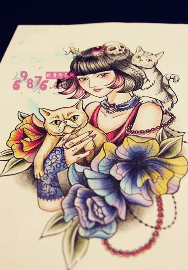 school美女像与猫纹身手稿