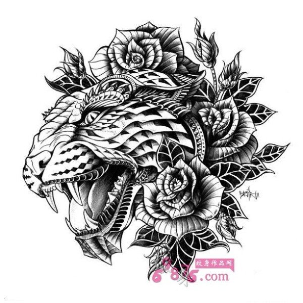 黑白老虎插画纹身手稿