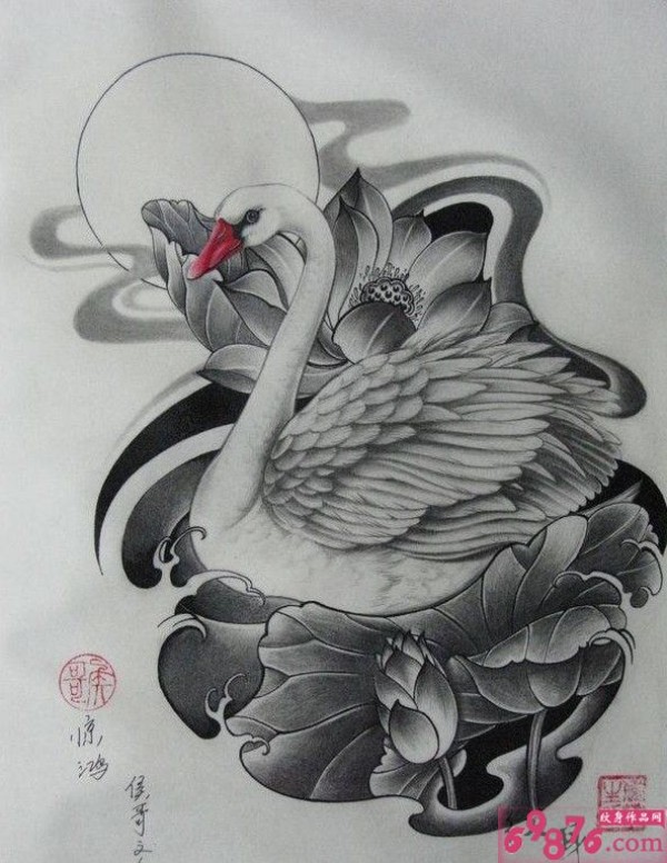 天鹅荷花纹身手稿