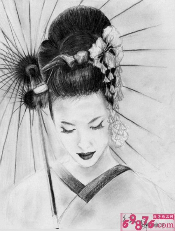 美女艺妓头像纹身手稿