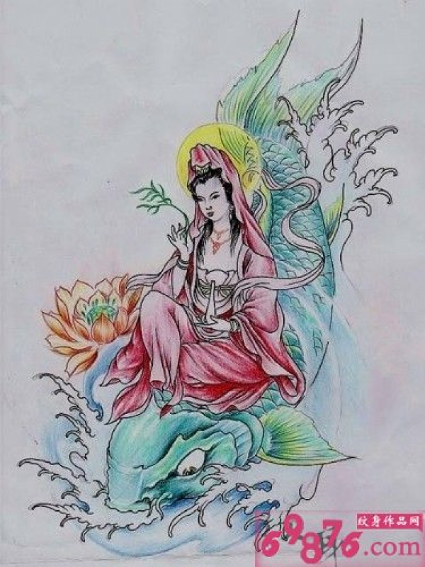 鲤鱼观音纹身图案手稿