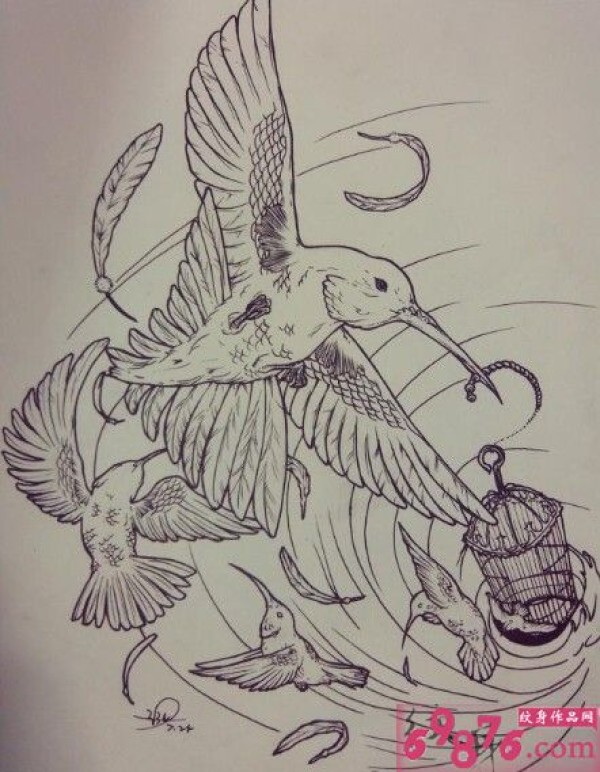 破笼而出小鸟纹身手稿