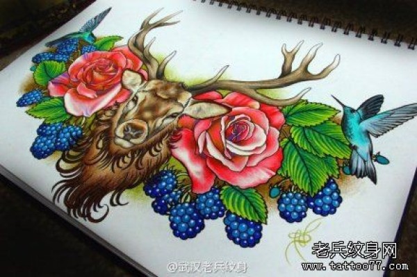 一款鹿玫瑰花纹身手稿图案