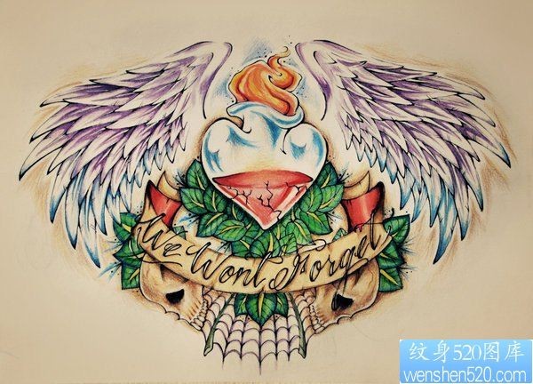 翅膀爱心纹身手稿图案