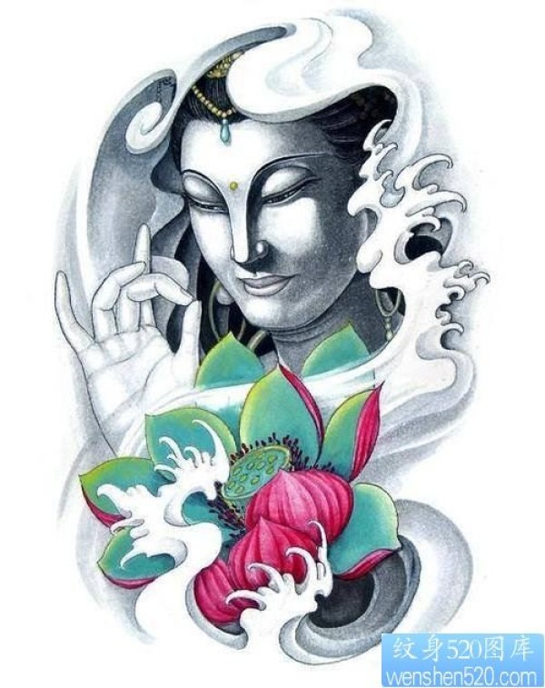 一款观音莲花纹身手稿图案