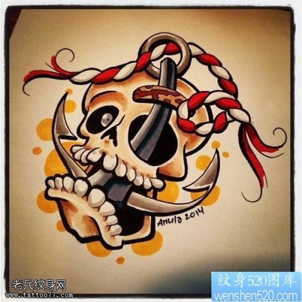 一款骷髅船锚纹身手稿图案
