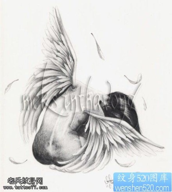 黑灰风格的天使翅膀纹身手稿图片