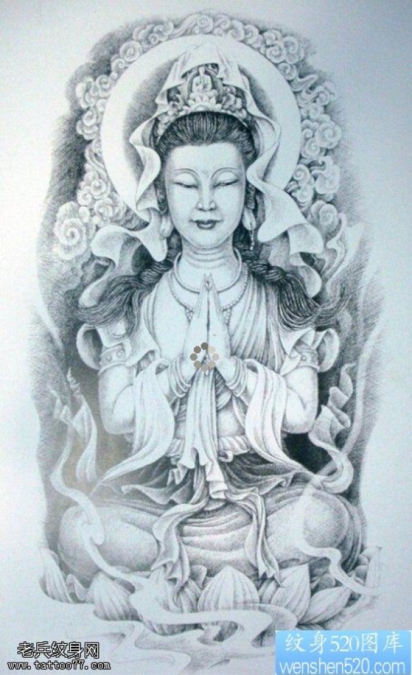 一款适合纹满背的观音纹身手稿图案