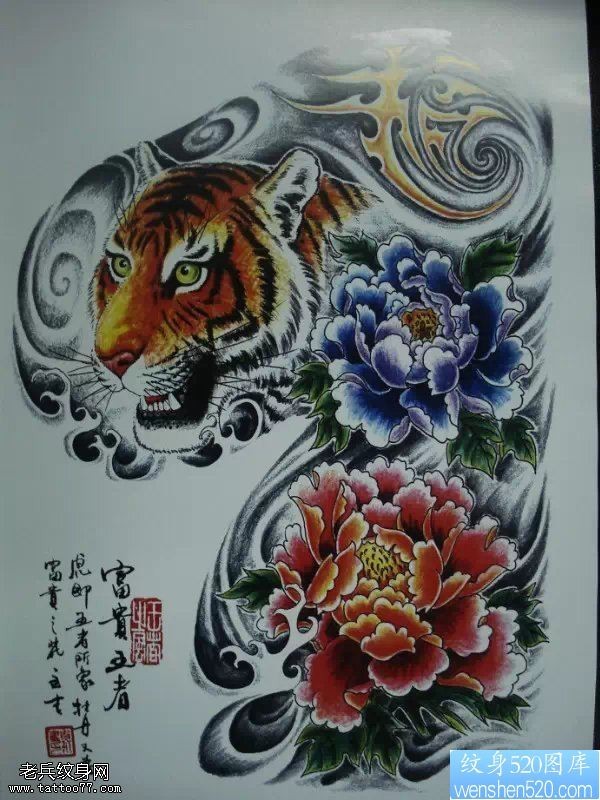 一款彩色老虎牡丹纹身手稿图案
