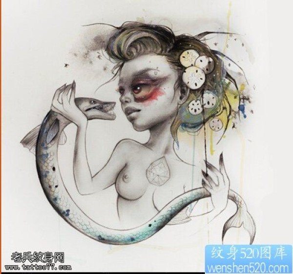 一款女郎鱼纹身手稿图案