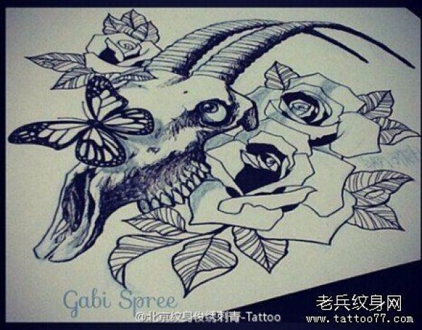羚羊玫瑰纹身手稿图案
