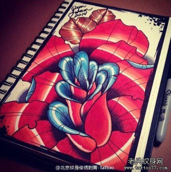 彩色玫瑰花纹身手稿图案
