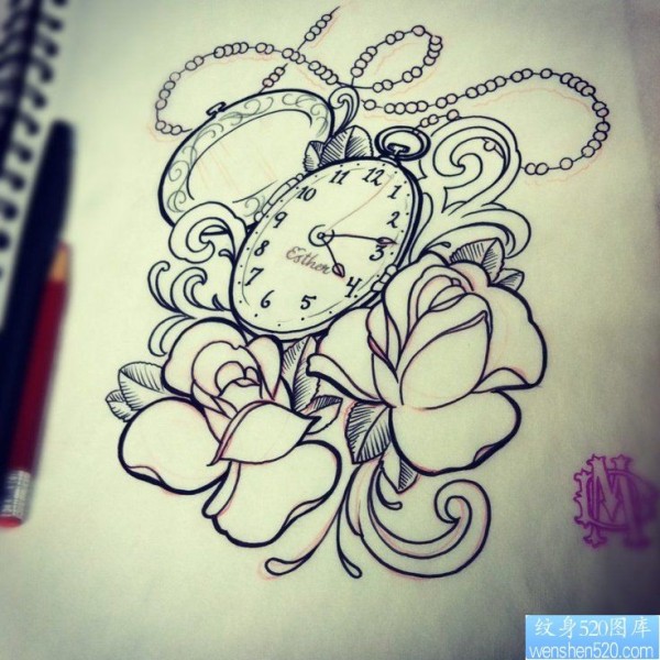 一组玫瑰花纹身手稿图案
