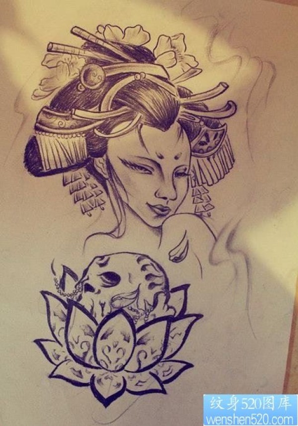 一款黑灰艺妓纹身手稿图案