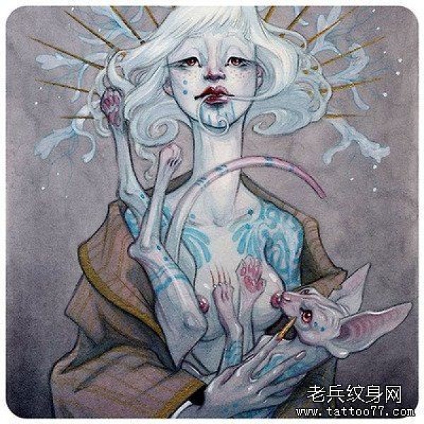 彩色人物女郎纹身手稿图案