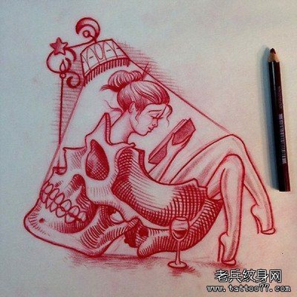 一款女郎骷髅纹身手稿图案