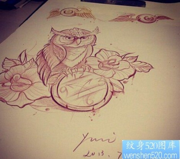 猫头鹰时钟玫瑰纹身手稿图案