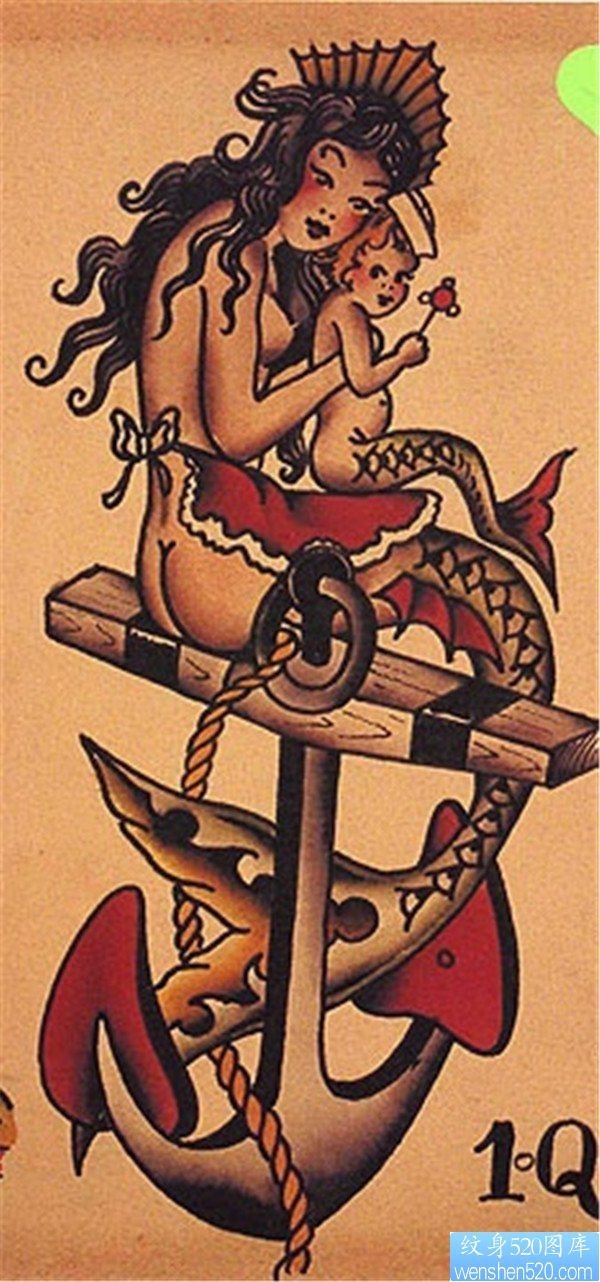 一幅船锚美人鱼纹身手稿作品