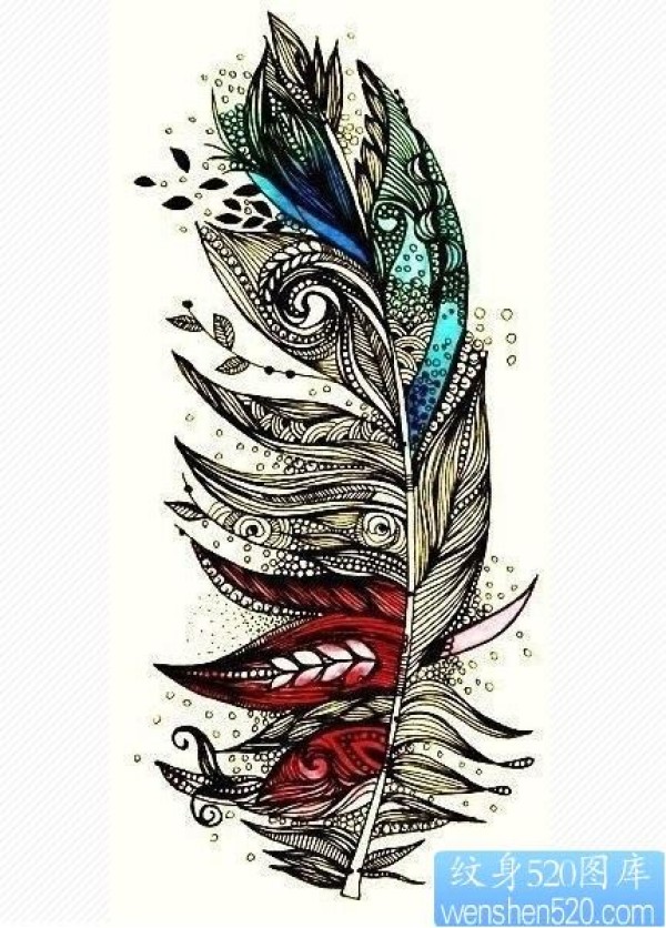 彩色羽毛纹身手稿作品