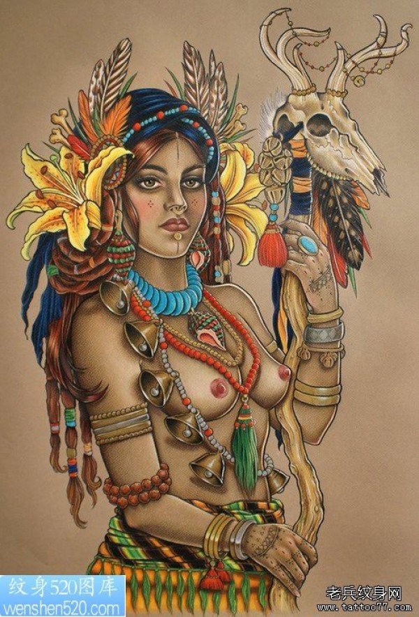 一幅人物彩色女郎纹身作品