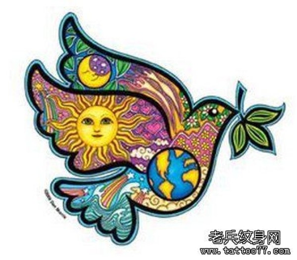 彩色鸽子纹身手稿作品