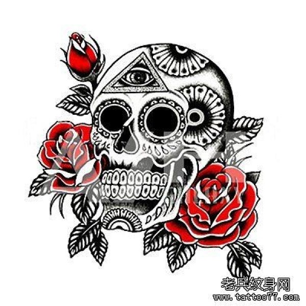 纹身520图库推荐一幅个性骷髅头玫瑰花纹身手稿