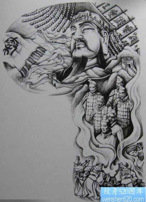 一幅时尚经典的半胛秦始皇纹身手稿图片推荐