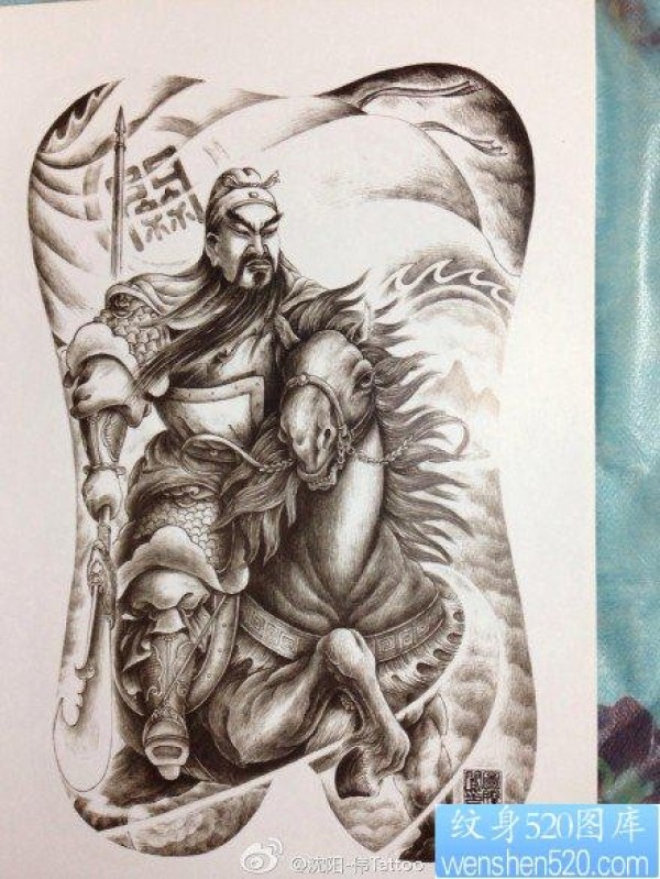 超帅很酷的一幅满背关公纹身手稿