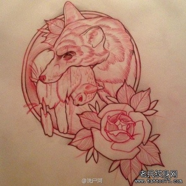 一幅吃兔子的狼纹身手稿
