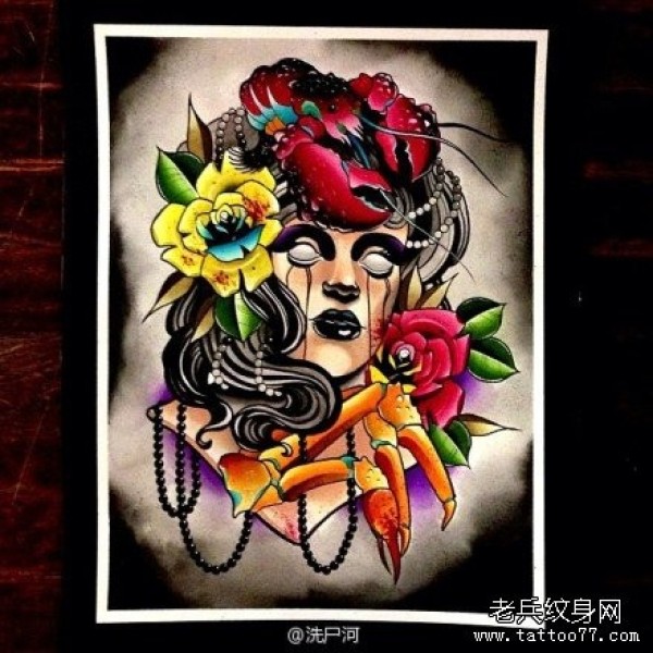 前卫很酷的new school风格的美女纹身手稿