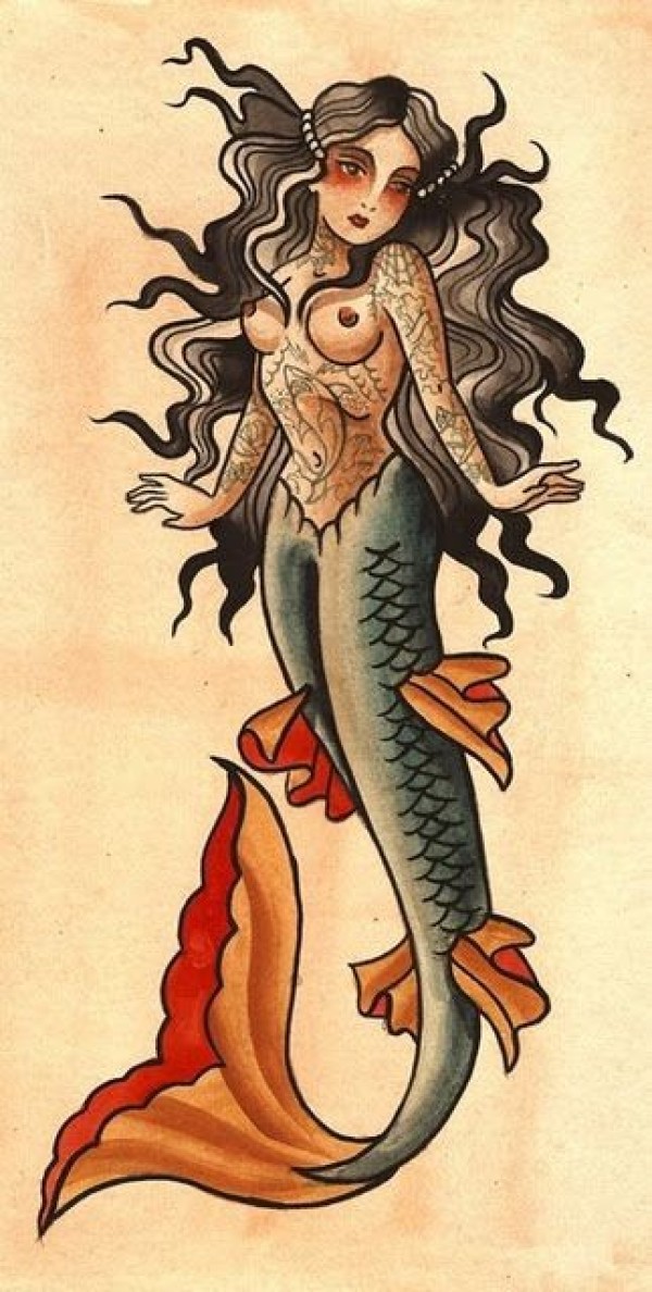 一款美人鱼纹身手稿