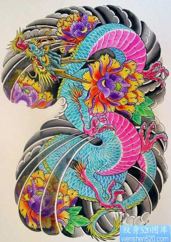 为你推荐一幅日式彩色半胛龙纹身手稿图片