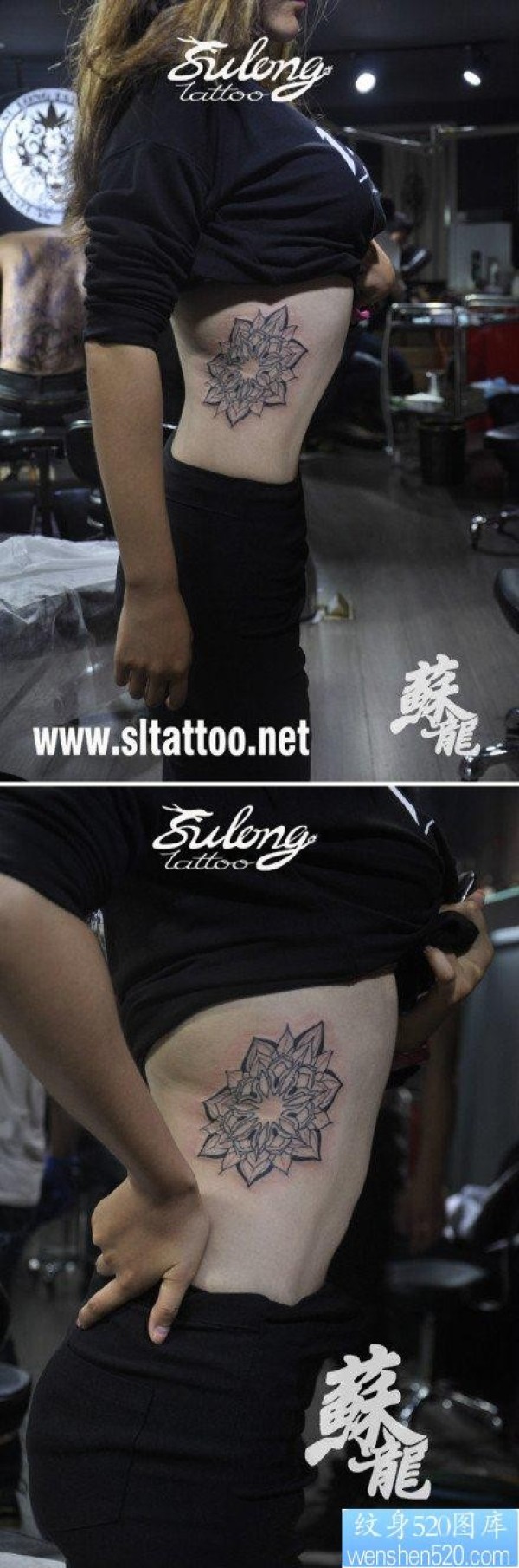 女人侧腰精美的花卉图腾纹身图片