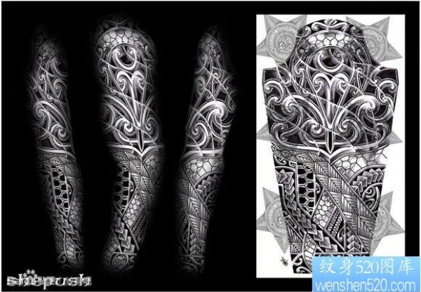 手臂一幅潮流经典的图腾花臂纹身手稿